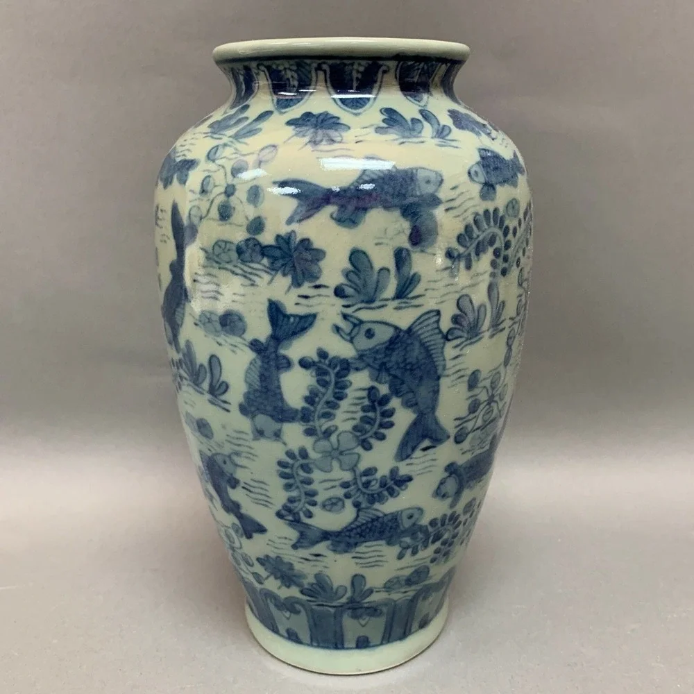 Green‎ Blue Koi Fish Patterned Vase 9 3/4